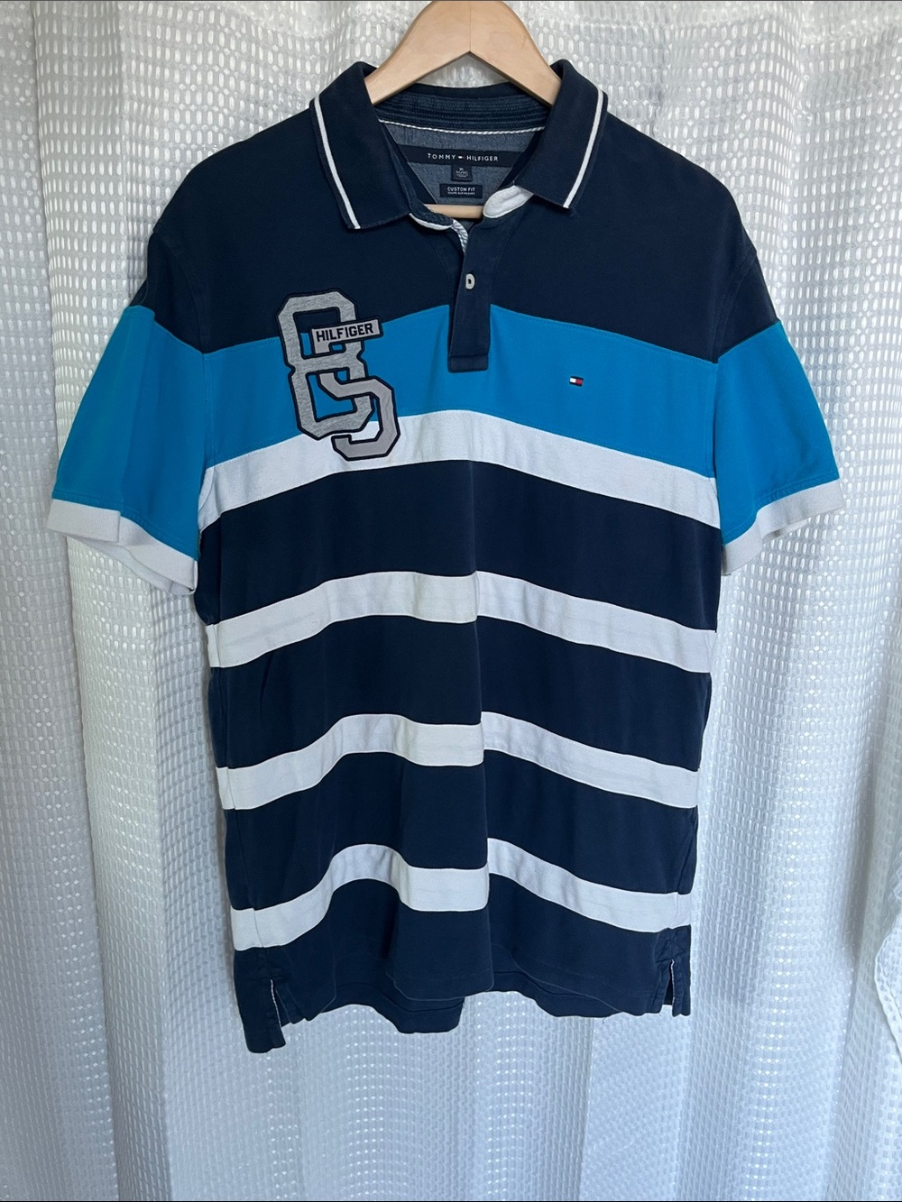 Tommy Hilfiger Custom Fit Stripe Polo Shirt XL Navy Blue Cotton Rugby Logo